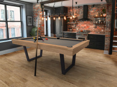 Billard transformable en table Viveo par Eurobillards, dans un loft avec tissu de jeu gris et kit accessoires inclus